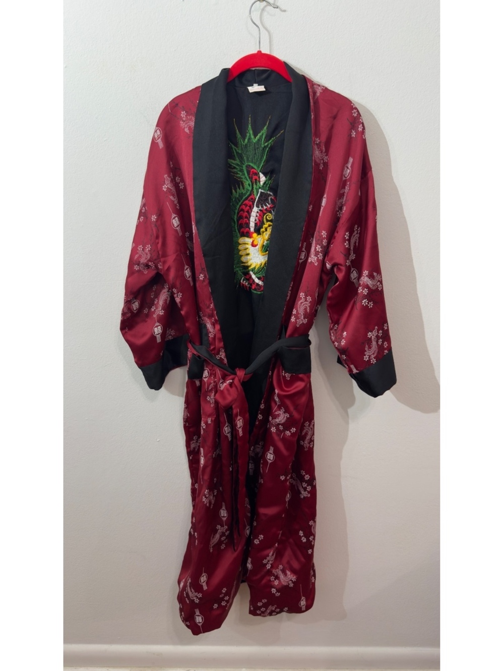 Vintage Reversible Chinese Satin Robe Embroidered Dragon Cherry Blossom Kimono